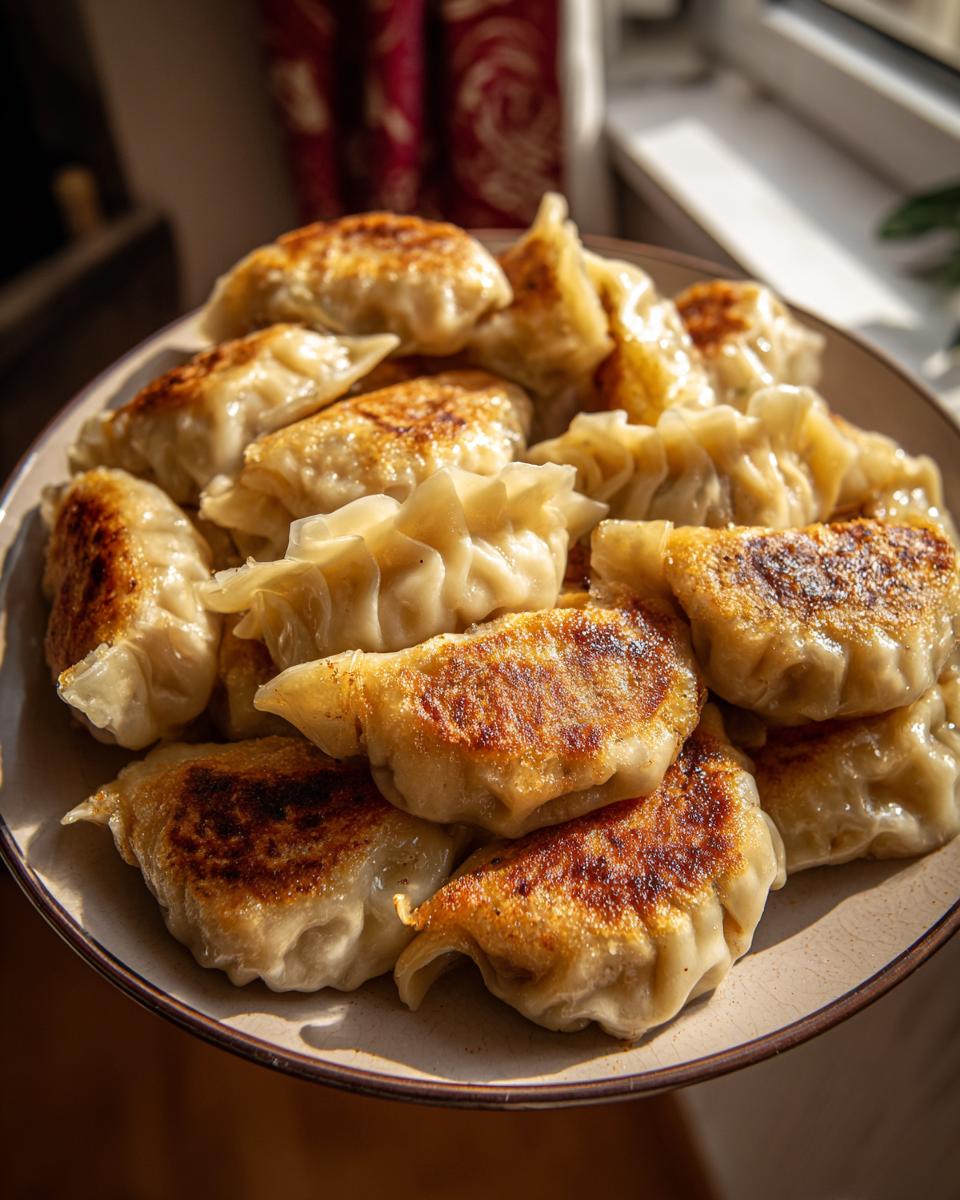 A close-up of a plate piled high with golden brown, pan-fried Traditional Chinese Dumplings.