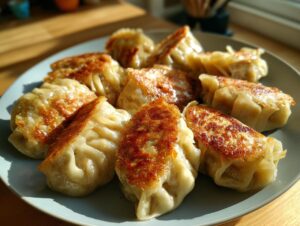 A plate of golden-brown pan-fried Traditional Chinese Dumplings, showcasing their crispy bottoms and pleated tops.