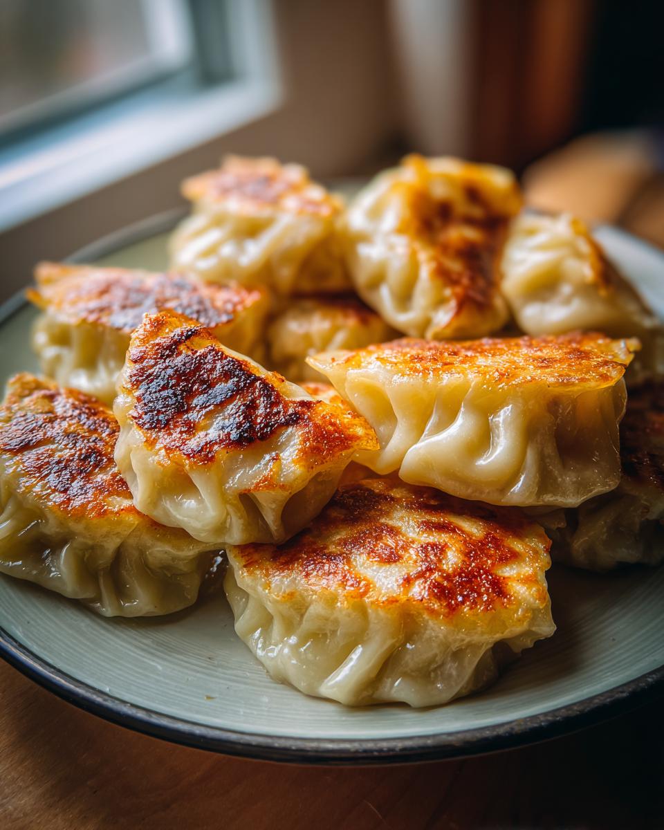 A close-up shot of a plate piled high with golden-brown, pan-fried Traditional Chinese Dumplings.