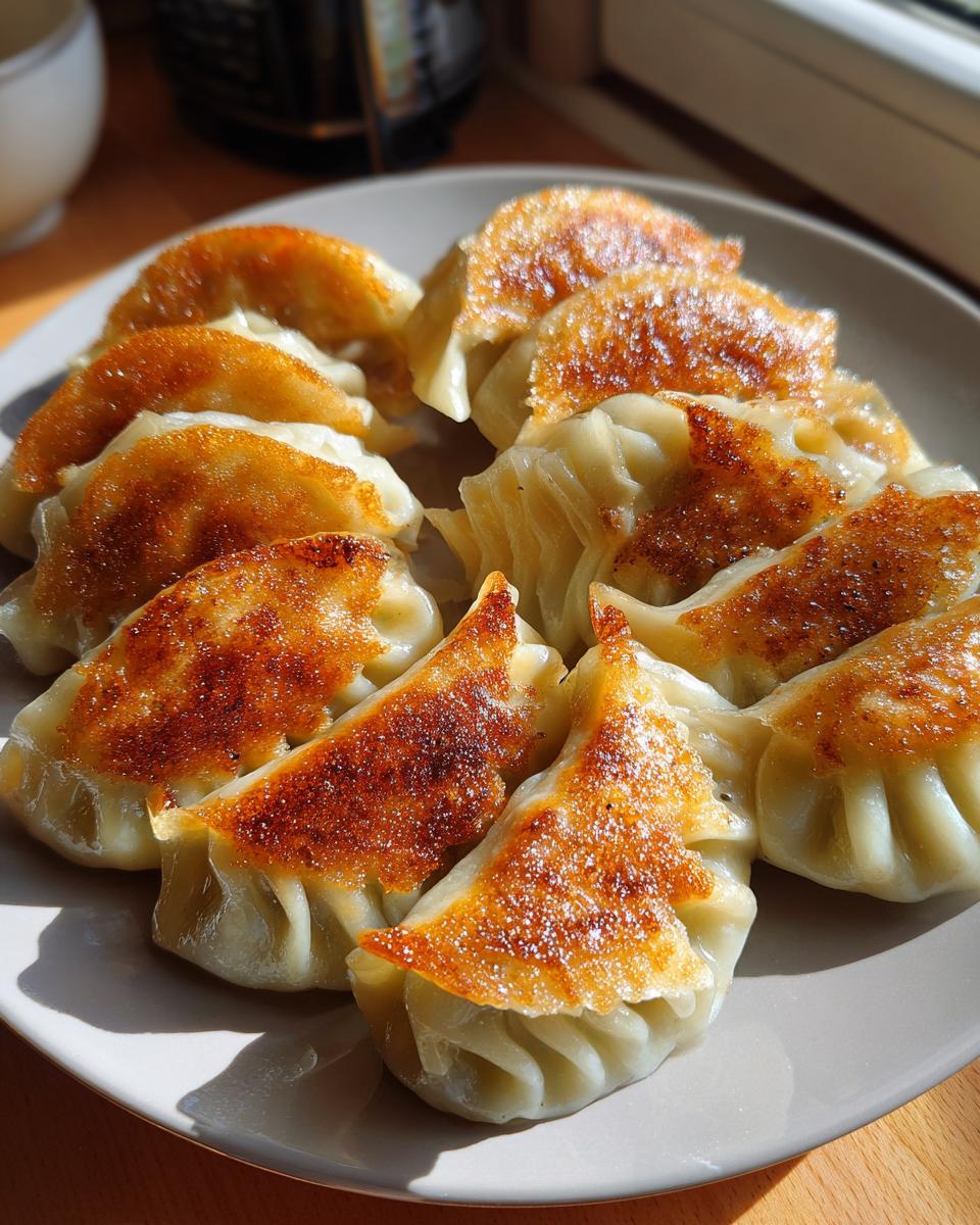 A plate of golden-brown pan-fried Traditional Chinese Dumplings, showcasing their crispy bottoms and tender wrappers.