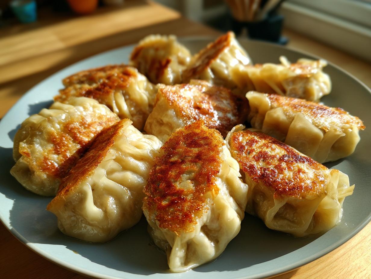 A plate of golden-brown pan-fried Traditional Chinese Dumplings, showcasing their crispy bottoms and pleated tops.