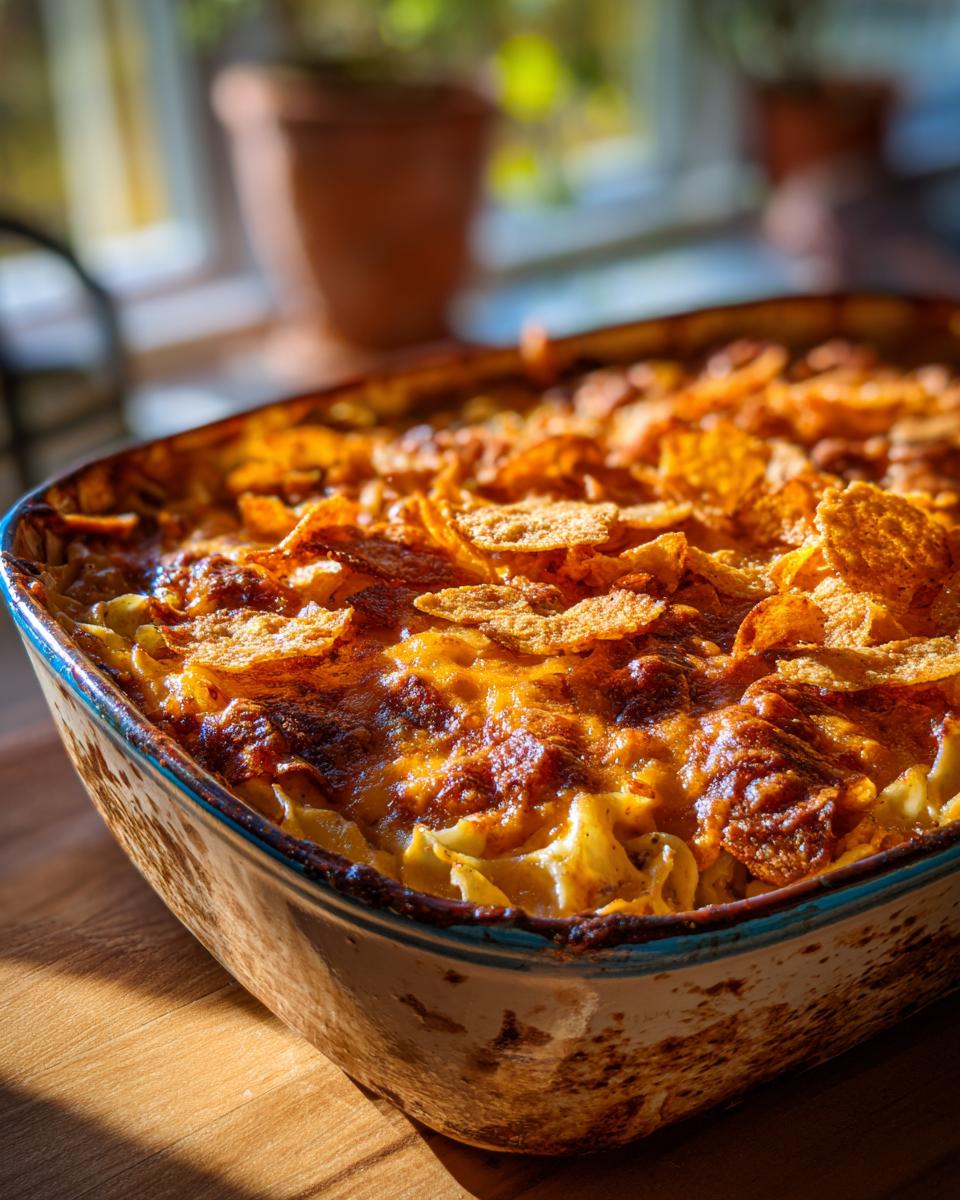 A close-up of a freshly baked Tuna Casserole in a baking dish, featuring a golden-brown cheesy topping and crispy flakes.