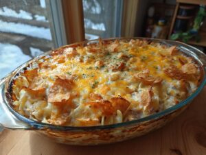 A golden-brown, bubbly Tuna Casserole in a glass baking dish, topped with melted cheese and potato chips.