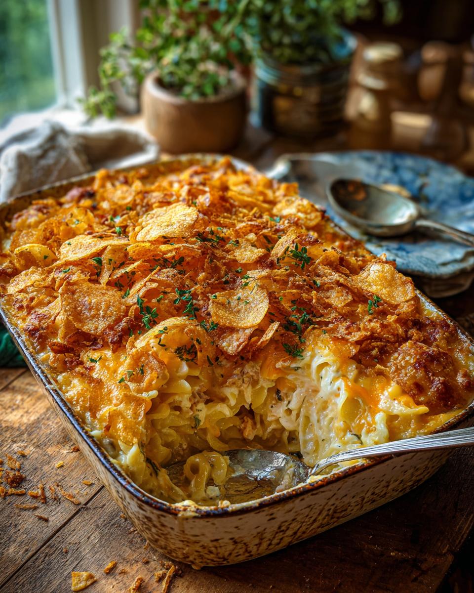 A close-up of a bubbly Tuna Casserole in a baking dish, topped with melted cheese and crispy potato chips.
