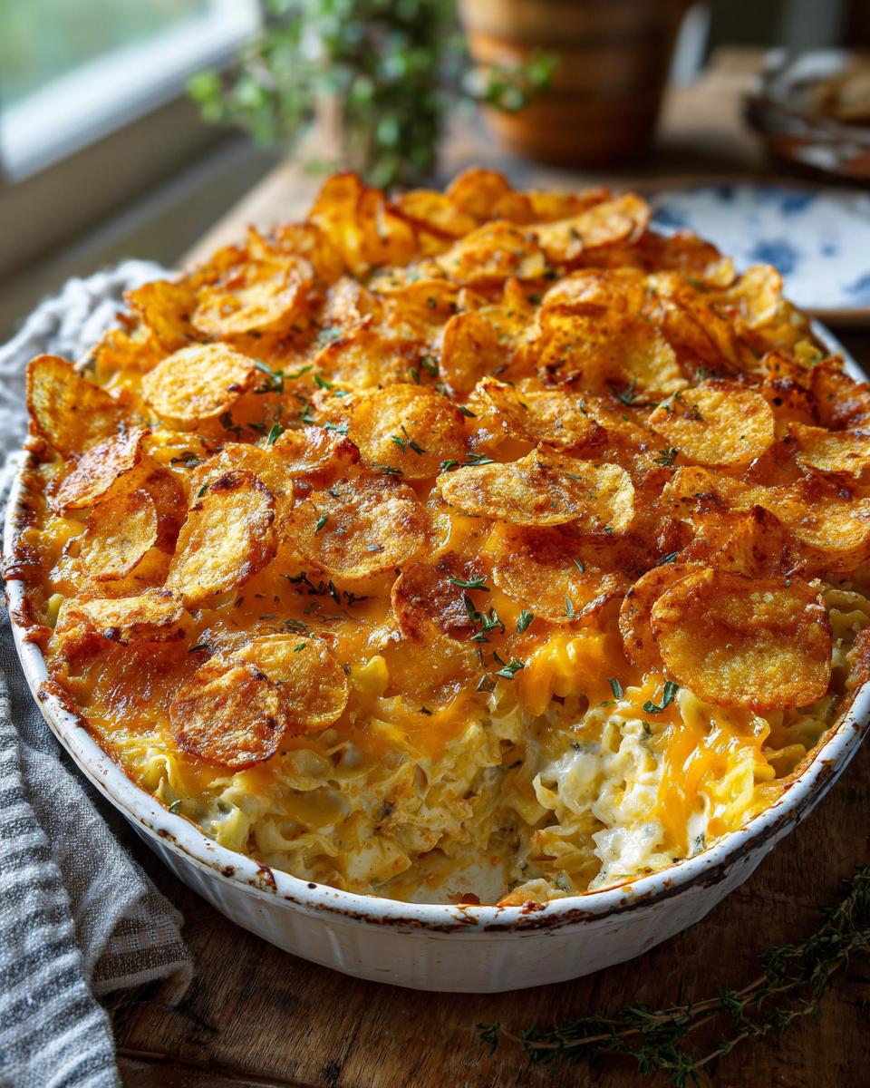 A close-up of a freshly baked Tuna Casserole in a white baking dish, topped with melted cheese and crispy potato slices.