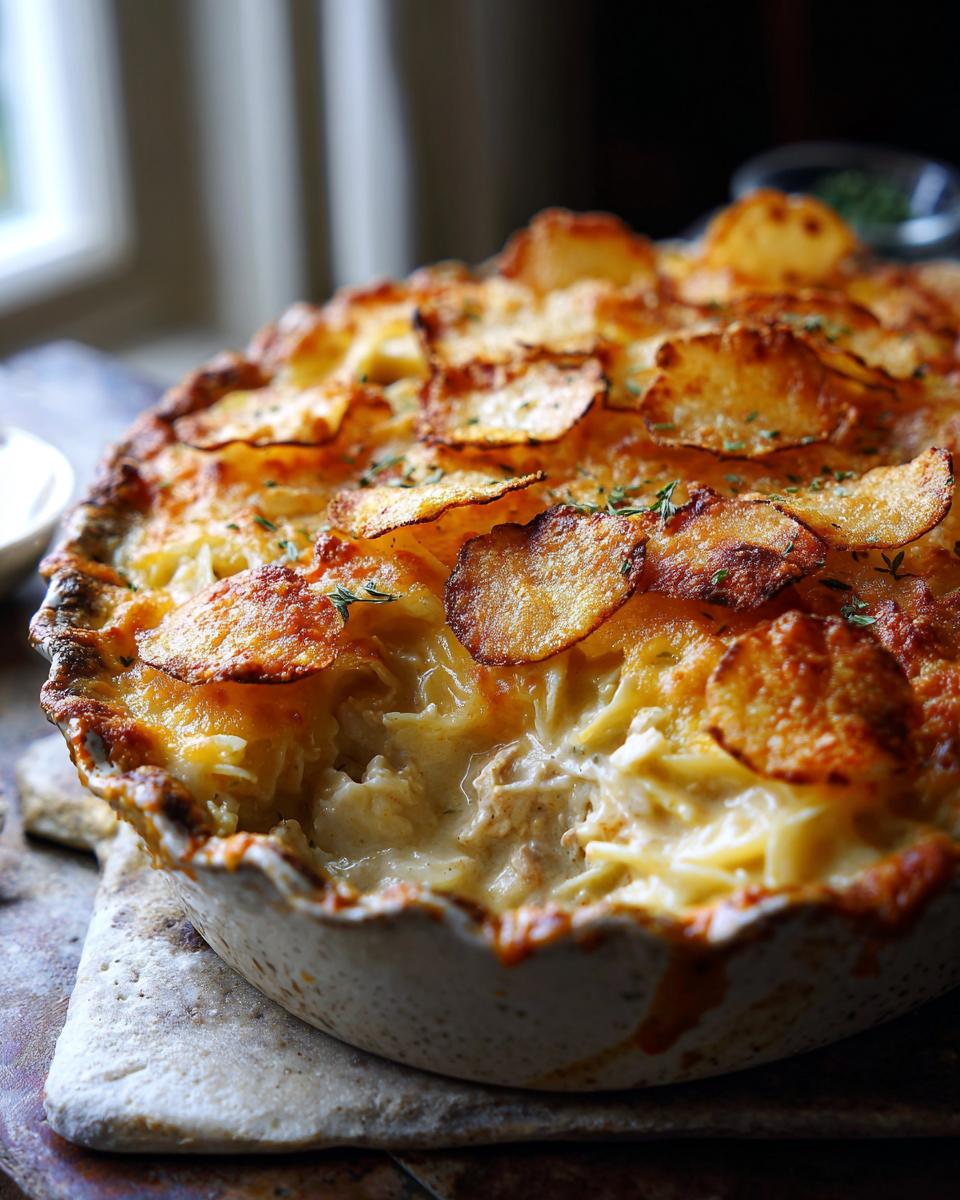 A close-up of a bubbly Tuna Casserole topped with crispy potato slices and melted cheese.