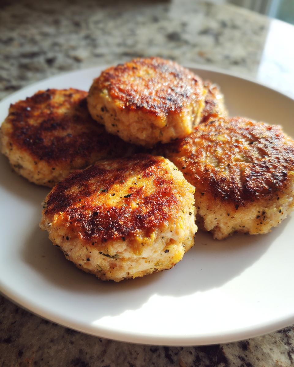 A close-up of four golden brown, pan-fried tuna patties stacked on a white plate.