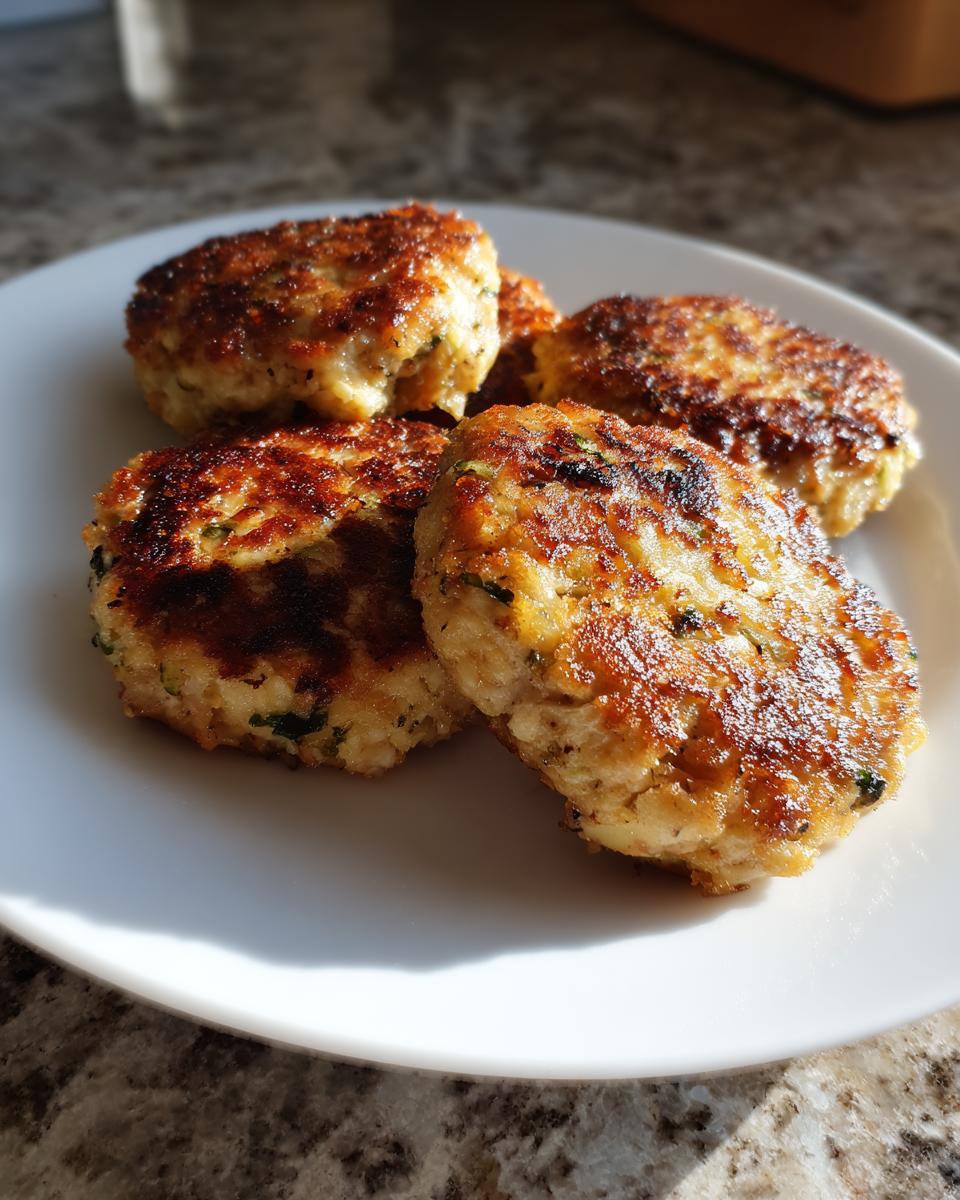 A close-up of four golden brown, pan-fried tuna patties on a white plate, ready to be served.