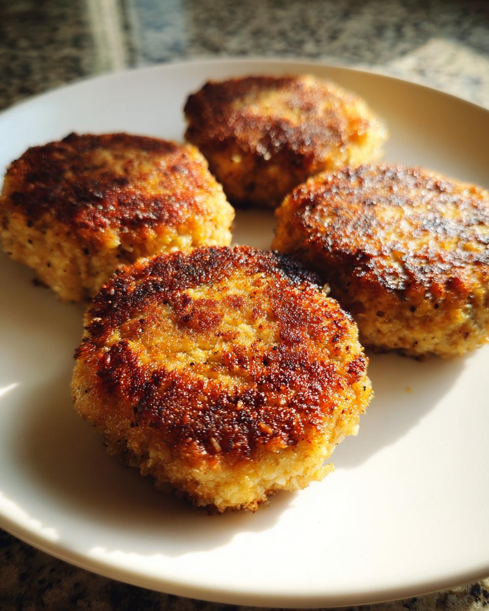 Four golden brown, pan-fried Tuna Patties arranged on a white plate, ready to be served.