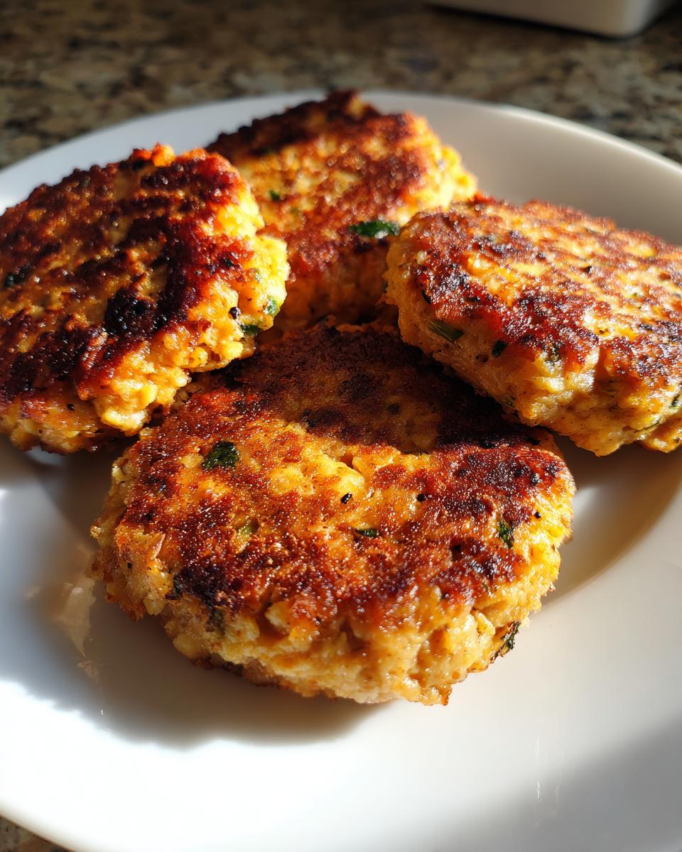 Close-up of four golden brown tuna patties on a white plate, with visible herbs.