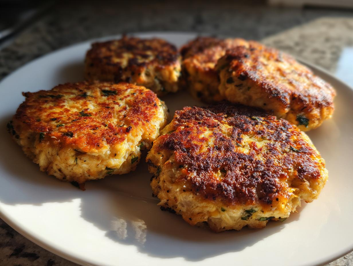 Close-up view of four golden brown, pan-fried Tuna Patties on a white plate, with visible herbs.