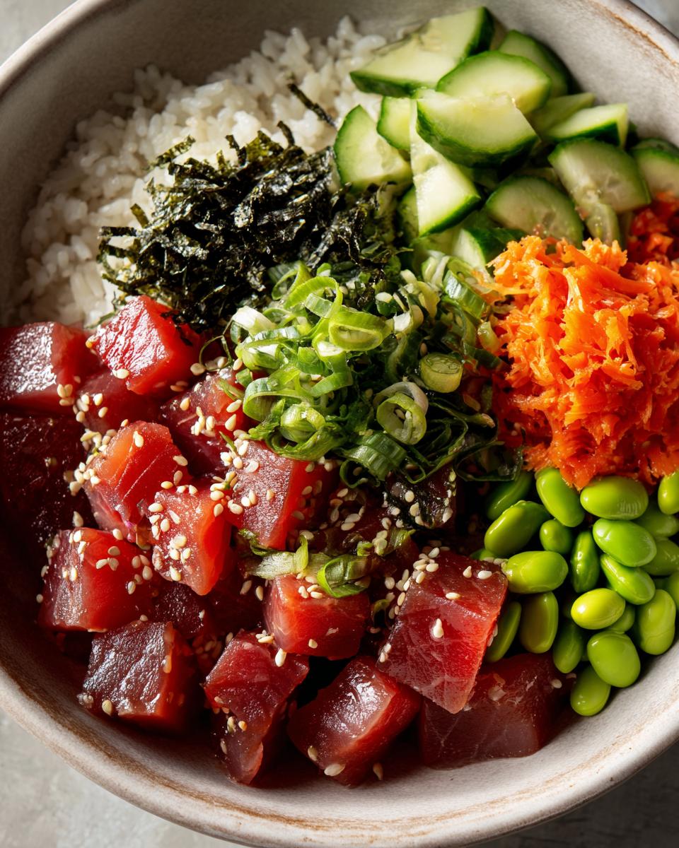 A vibrant Tuna Poke Bowl filled with cubed raw tuna, rice, edamame, cucumber, shredded carrots, and nori.