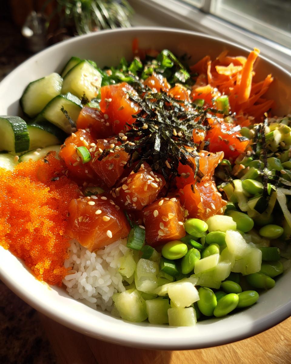 A vibrant Tuna Poke Bowl filled with marinated tuna, rice, edamame, cucumber, carrots, and tobiko.