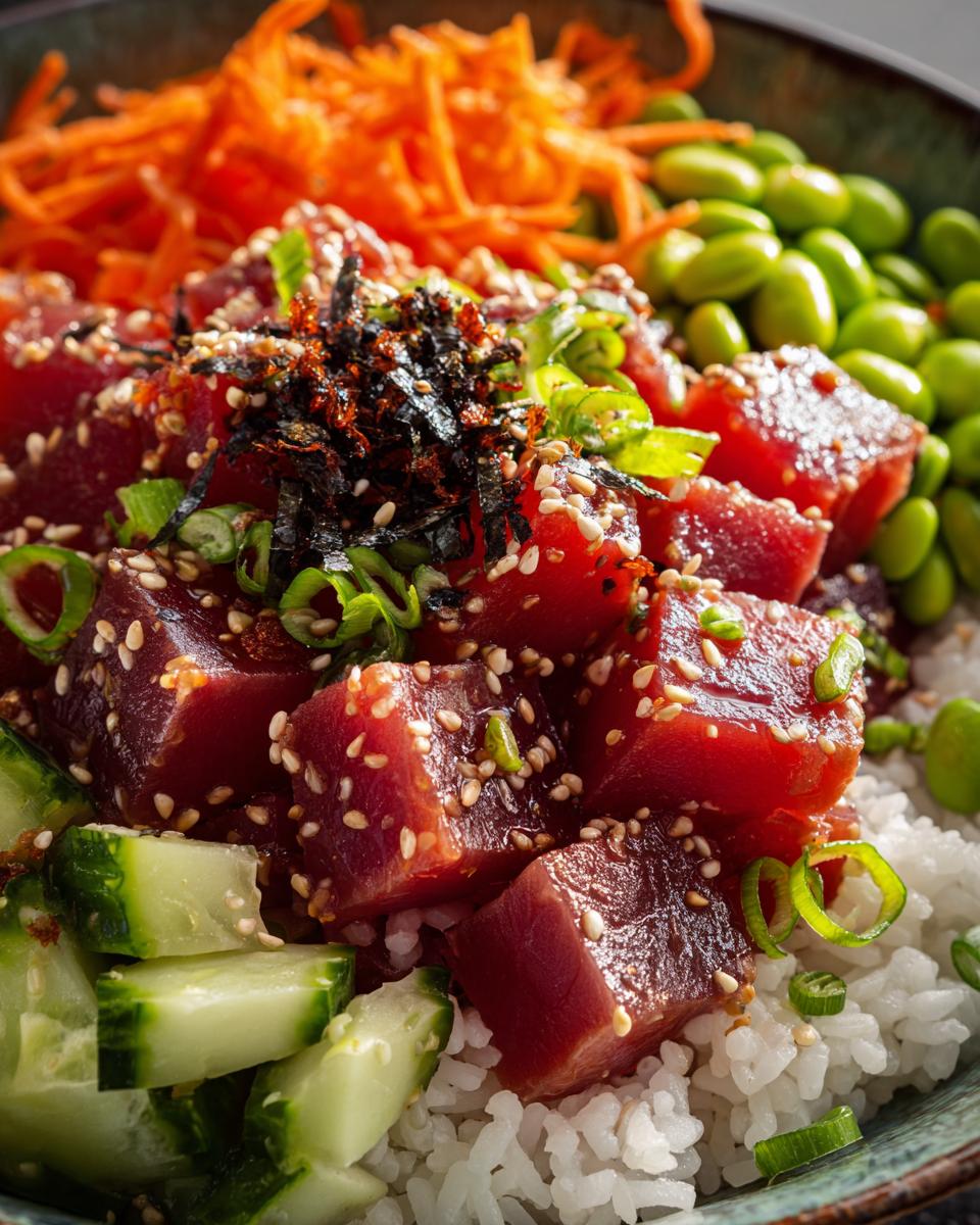 Close-up of a vibrant Tuna Poke Bowl, featuring cubed raw tuna, white rice, edamame, shredded carrots, and cucumber.