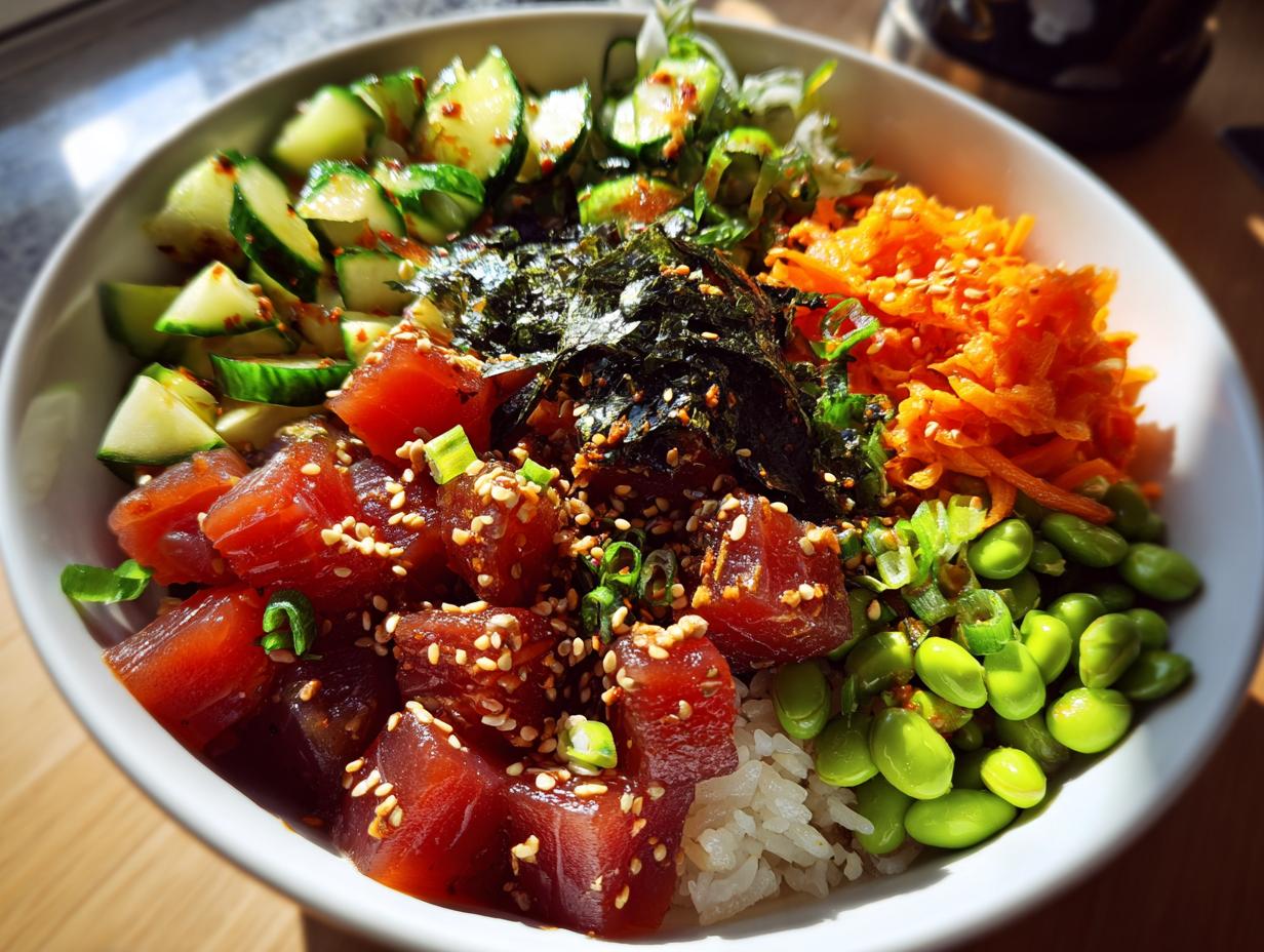 A colorful Tuna Poke Bowl filled with marinated tuna, rice, edamame, cucumber, shredded carrots, and seaweed.