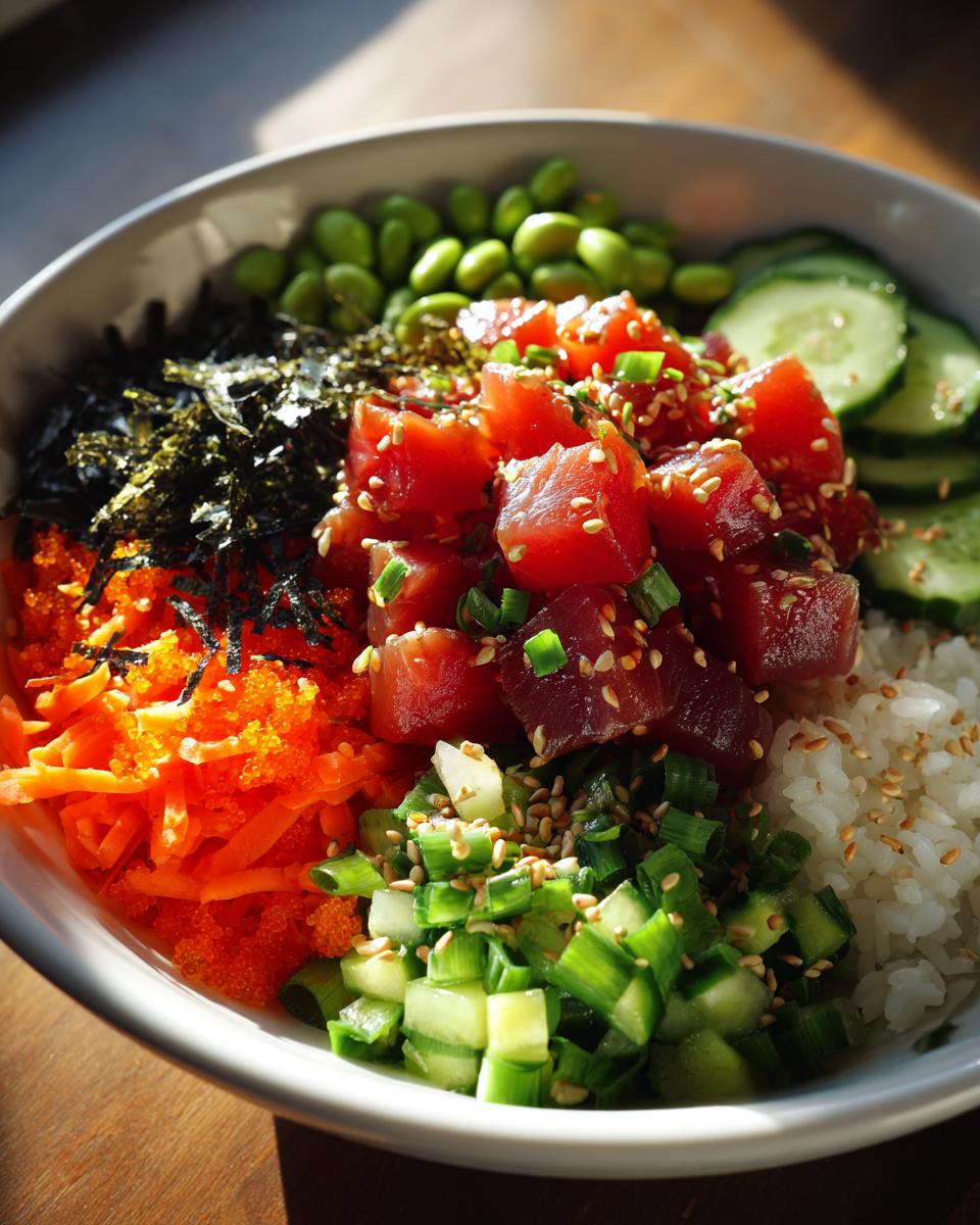 A vibrant Tuna Poke Bowl filled with cubed raw tuna, rice, edamame, cucumber, shredded carrots, and nori.