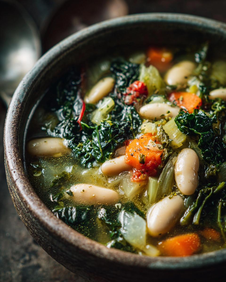 Close-up of a rustic bowl filled with Tuscan white bean soup, featuring white beans, kale, carrots, and broth.