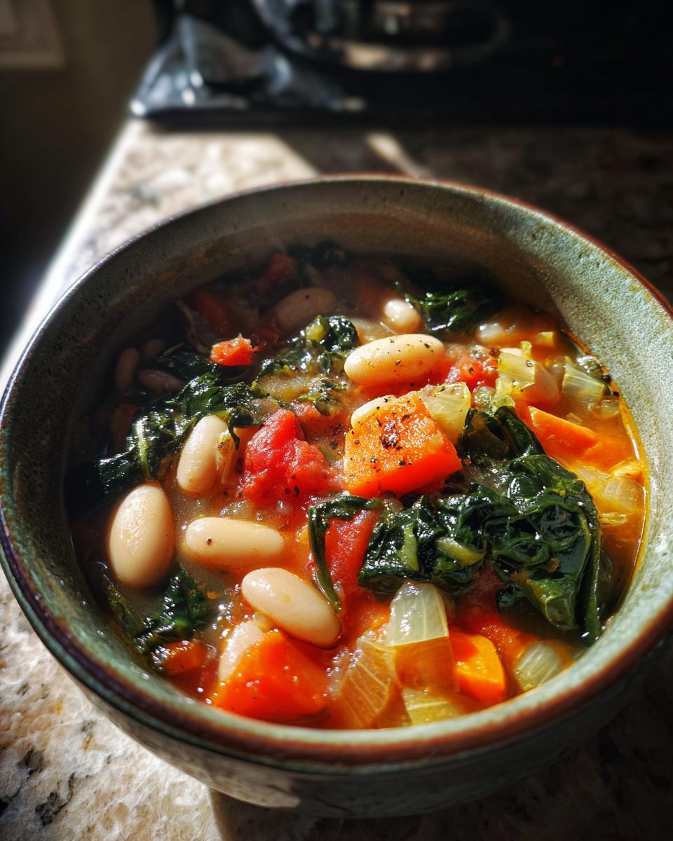 A close-up of a rustic bowl filled with hearty Tuscan white bean soup, featuring white beans, tomatoes, kale, and carrots.