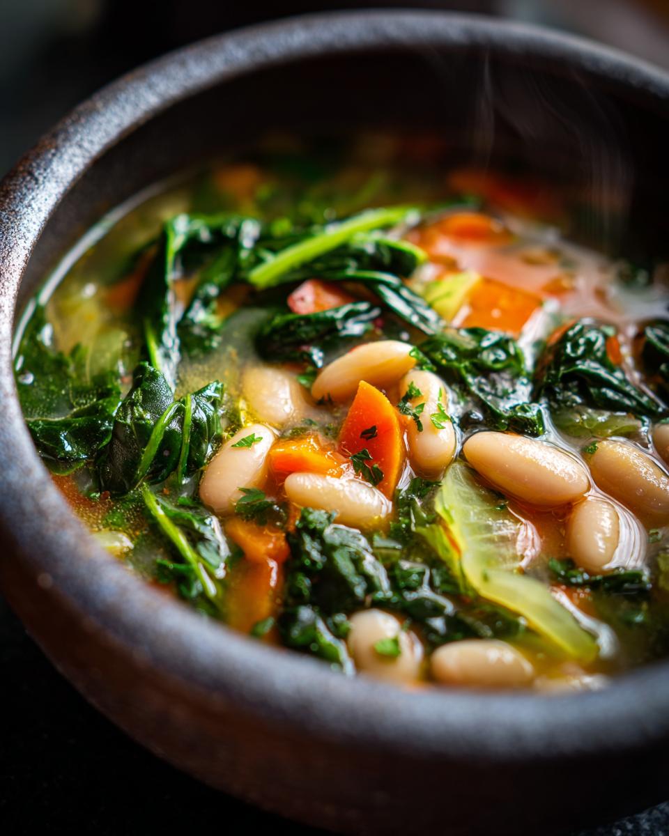 Close-up of a steaming bowl of Tuscan white bean soup, featuring white beans, greens, and carrots.