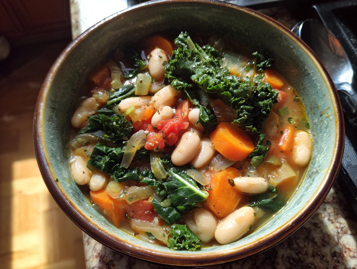 A close-up overhead view of a bowl of Tuscan white bean soup, featuring white beans, kale, carrots, and tomatoes.