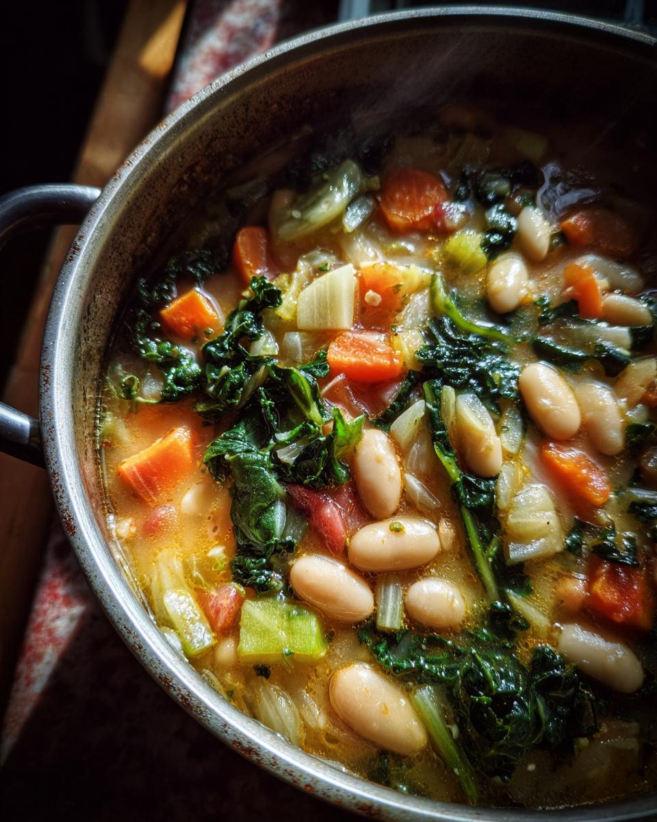 Close-up of a steaming pot of Tuscan white bean soup with kale, carrots, and beans.