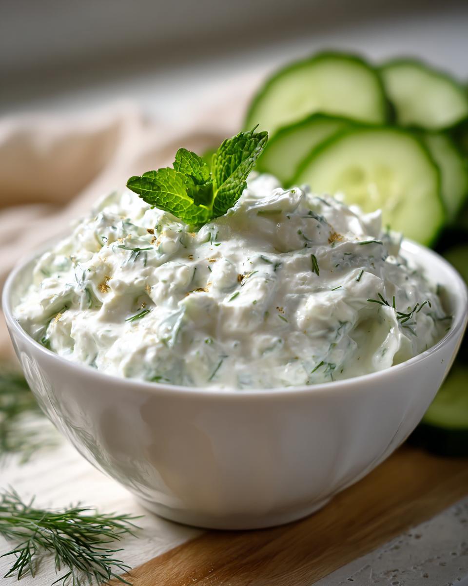 A close-up of creamy Tzatziki sauce in a white bowl, garnished with fresh mint and dill, with cucumber slices in the background.