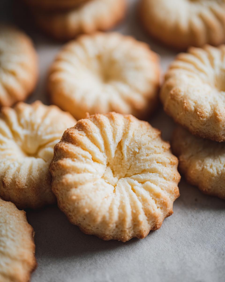 Close-up of golden-brown whipped shortbread cookies with fluted edges and a central indentation.