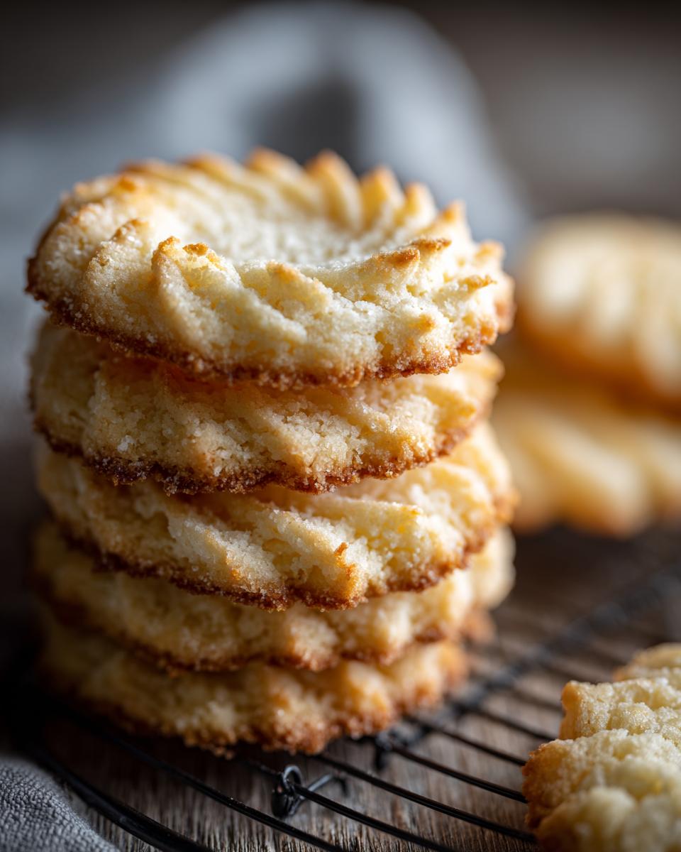 A close-up stack of golden-brown whipped shortbread cookies with a delicate ridged pattern.