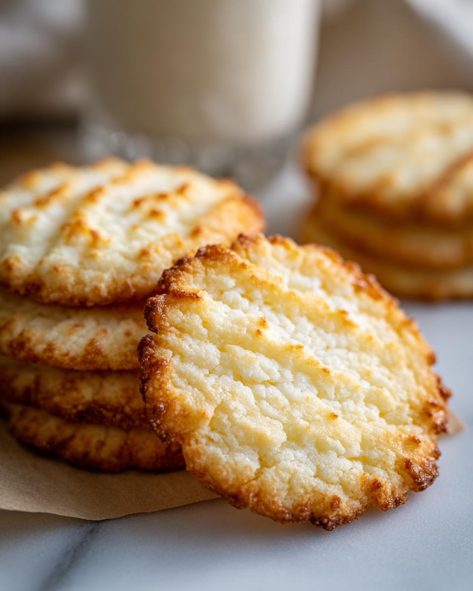 Close-up of golden brown whipped shortbread cookies with a textured surface, stacked on parchment paper.