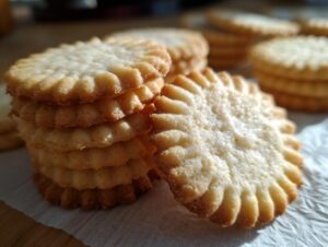 A close-up stack of golden-brown whipped shortbread cookies with a fluted edge, resting on a white napkin.