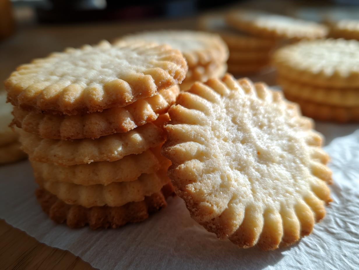 A close-up stack of golden-brown whipped shortbread cookies with a fluted edge, resting on a white napkin.