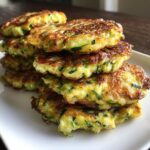 A close-up stack of golden brown, crispy zucchini fritters with visible green zucchini shreds.