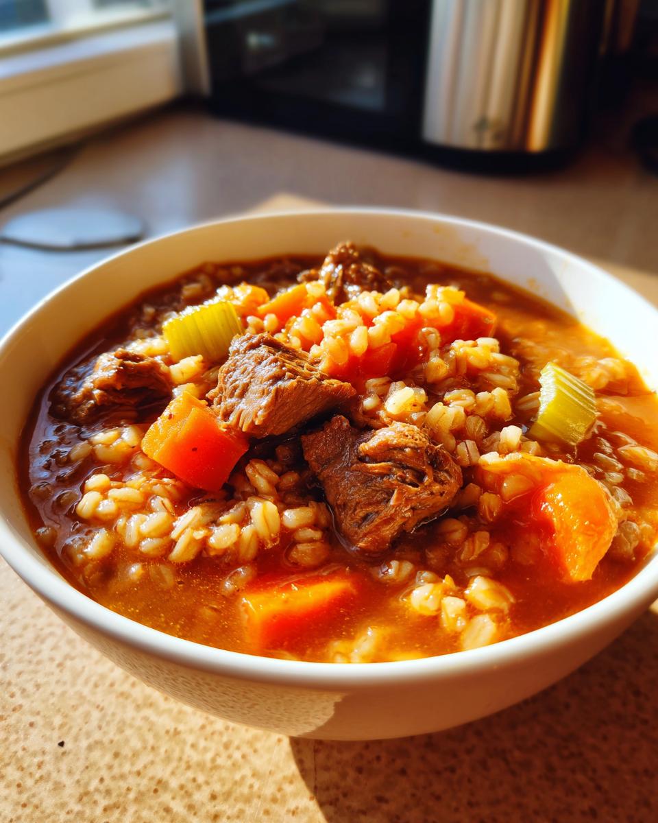 Close-up of a steaming bowl of rich beef barley soup, featuring chunks of beef, carrots, celery, and barley.