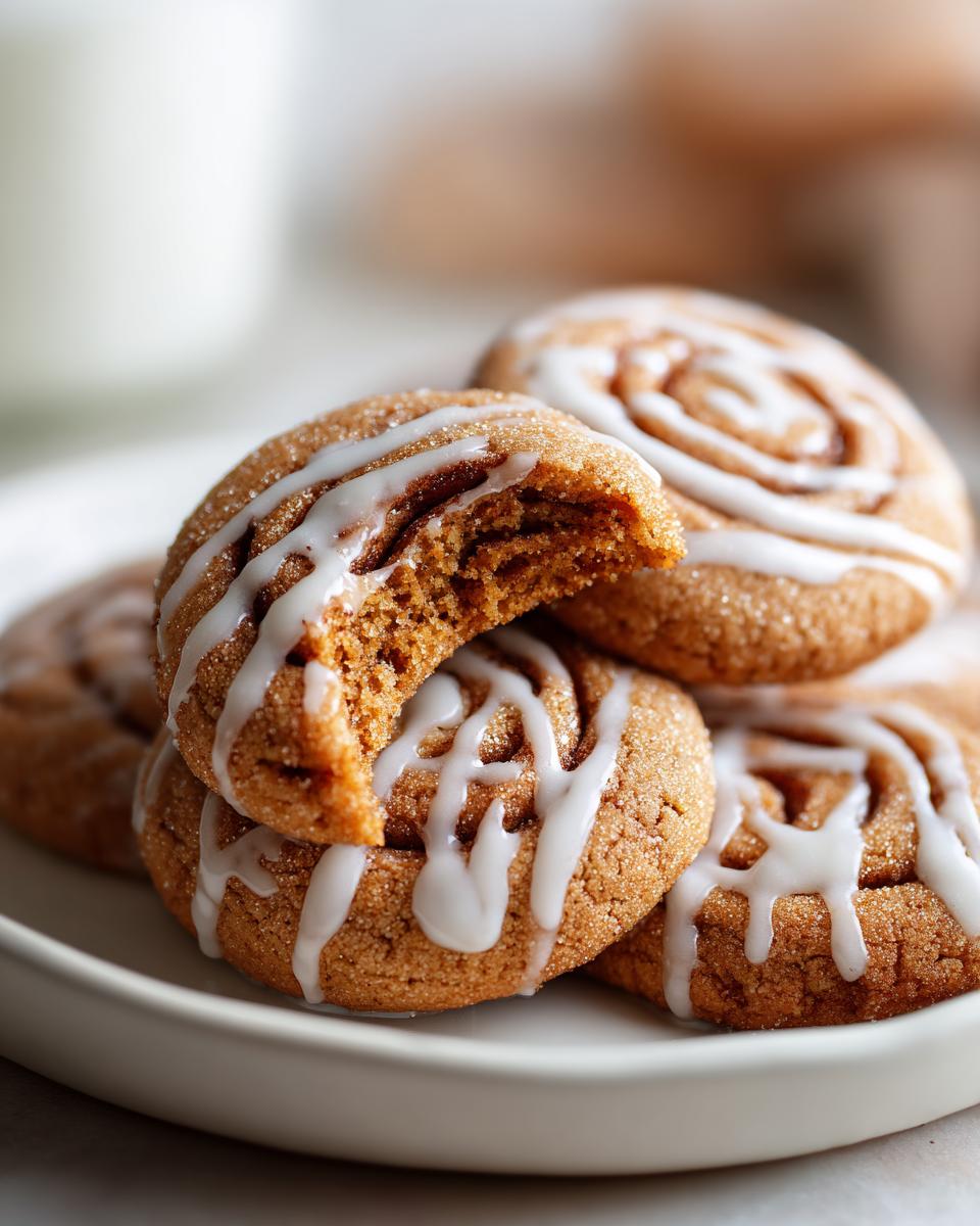 A stack of soft, brown cinnamon roll cookies topped with white icing, one cookie broken open.