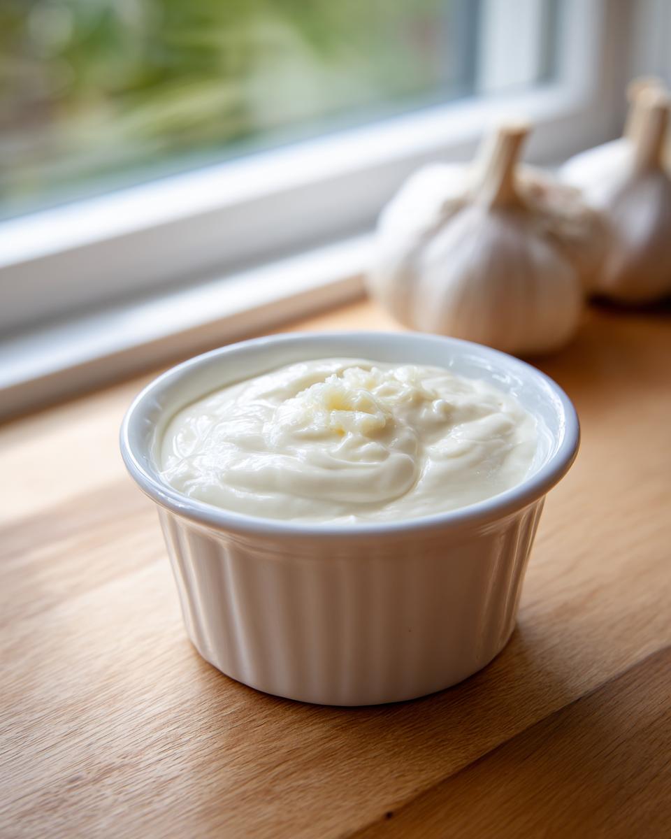 A white ramekin filled with creamy garlic sauce, topped with minced garlic, sitting on a wooden surface near a window with garlic bulbs in the background.