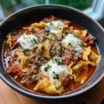 Close-up of a rich bowl of lasagna soup with meat sauce, ruffled noodles, dollops of ricotta, and fresh parsley.