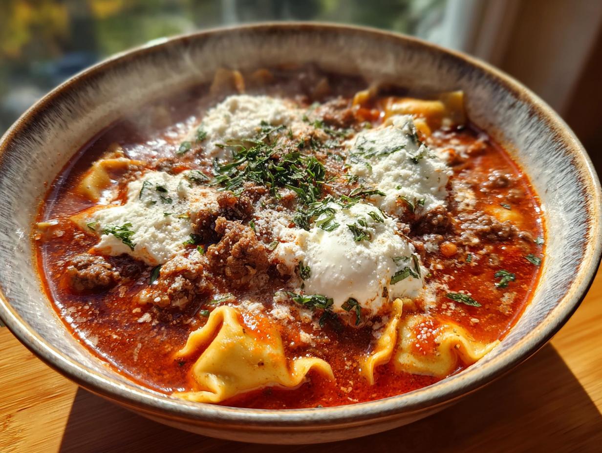 Close-up of a steaming bowl of rich, red lasagna soup topped with ricotta, ground meat, and fresh herbs.