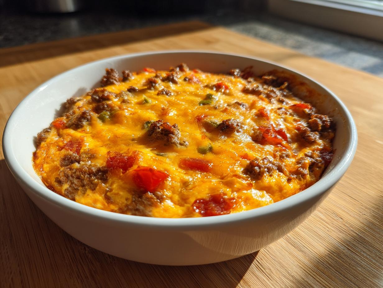Close-up of a bubbling, cheesy rotel dip topped with ground beef and diced tomatoes in a white serving bowl.