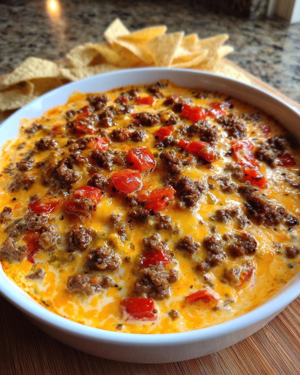 Close-up of a creamy, cheesy rotel dip topped with seasoned ground beef and diced tomatoes, served with tortilla chips.