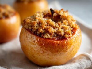 A close-up of a perfectly glazed baked apple filled with a golden brown oat crumble topping.