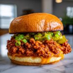 A close-up of a delicious big mac sloppy joes sandwich piled high with meat sauce, melted cheese, pickles, and green onions.
