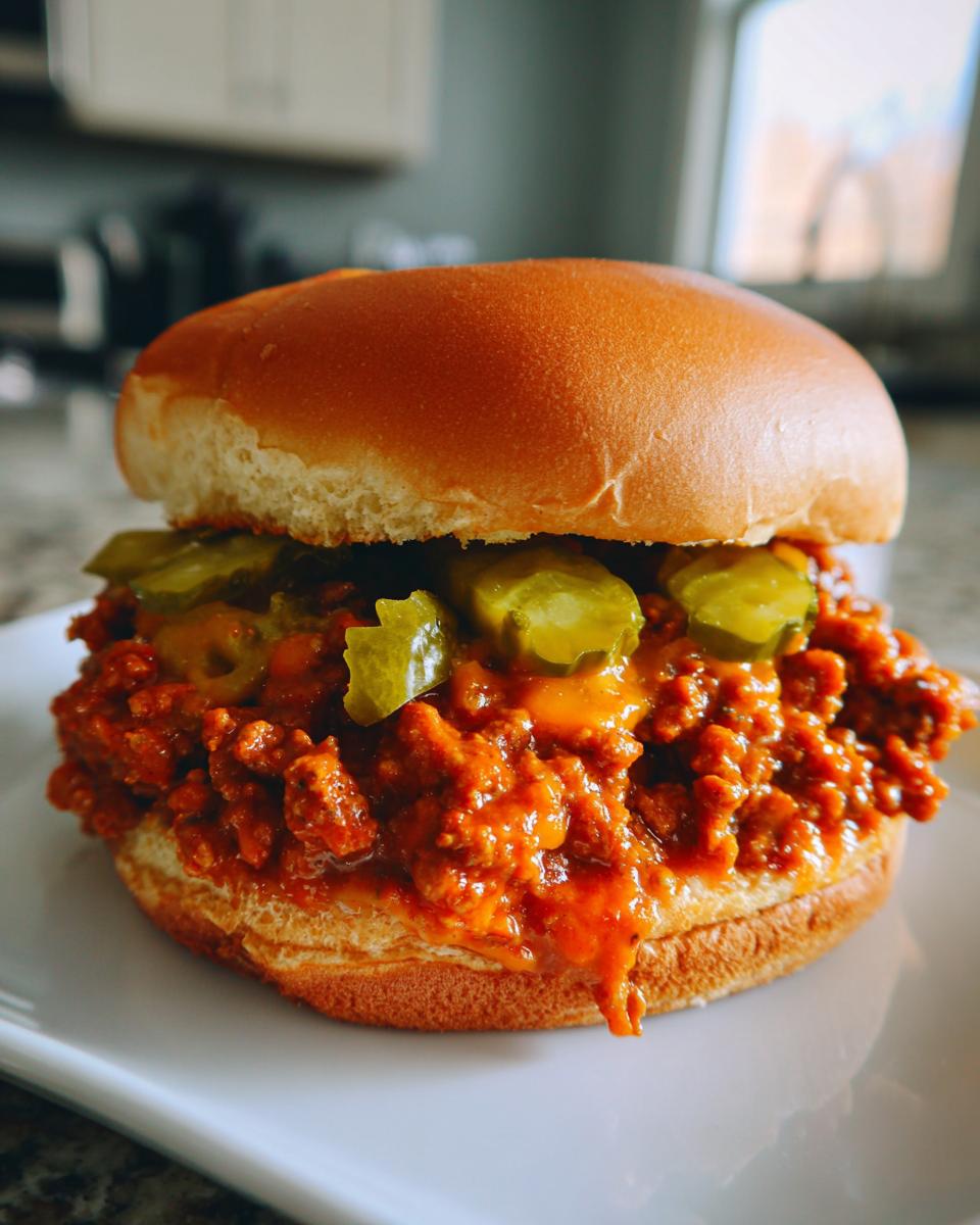 A close-up of an amazing big mac sloppy joes sandwich piled high with meat sauce, cheese, and pickle slices on a toasted bun.