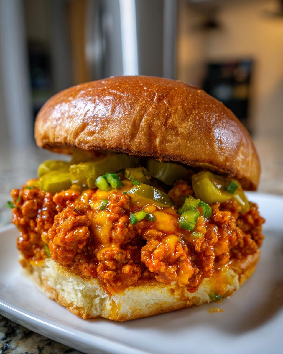 A close-up of an amazing big mac sloppy joes sandwich piled high with savory meat mixture, cheese, pickles, and green onions on a brioche bun.