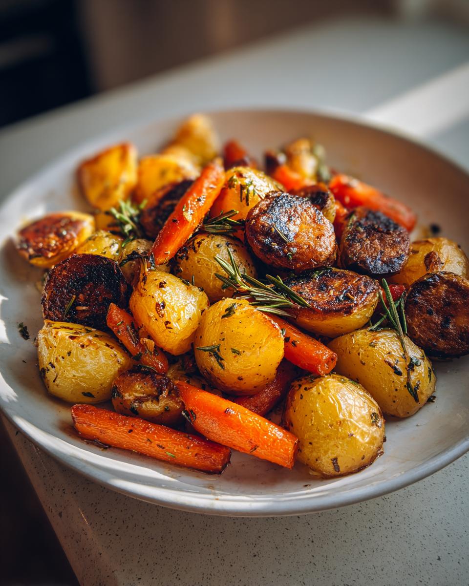 A white bowl filled with golden roasted potatoes and carrots, seasoned with rosemary for amazing roasted potatoes and carrots.
