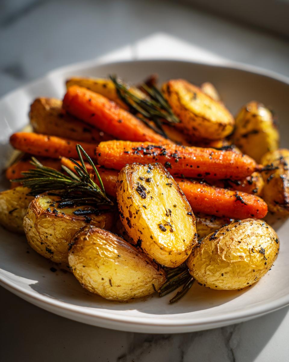 Close-up of perfectly golden roasted potatoes and carrots seasoned with herbs.