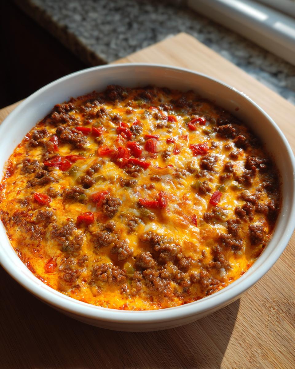 A bubbling, cheesy rotel dip topped with seasoned ground beef and diced red peppers in a white baking dish.