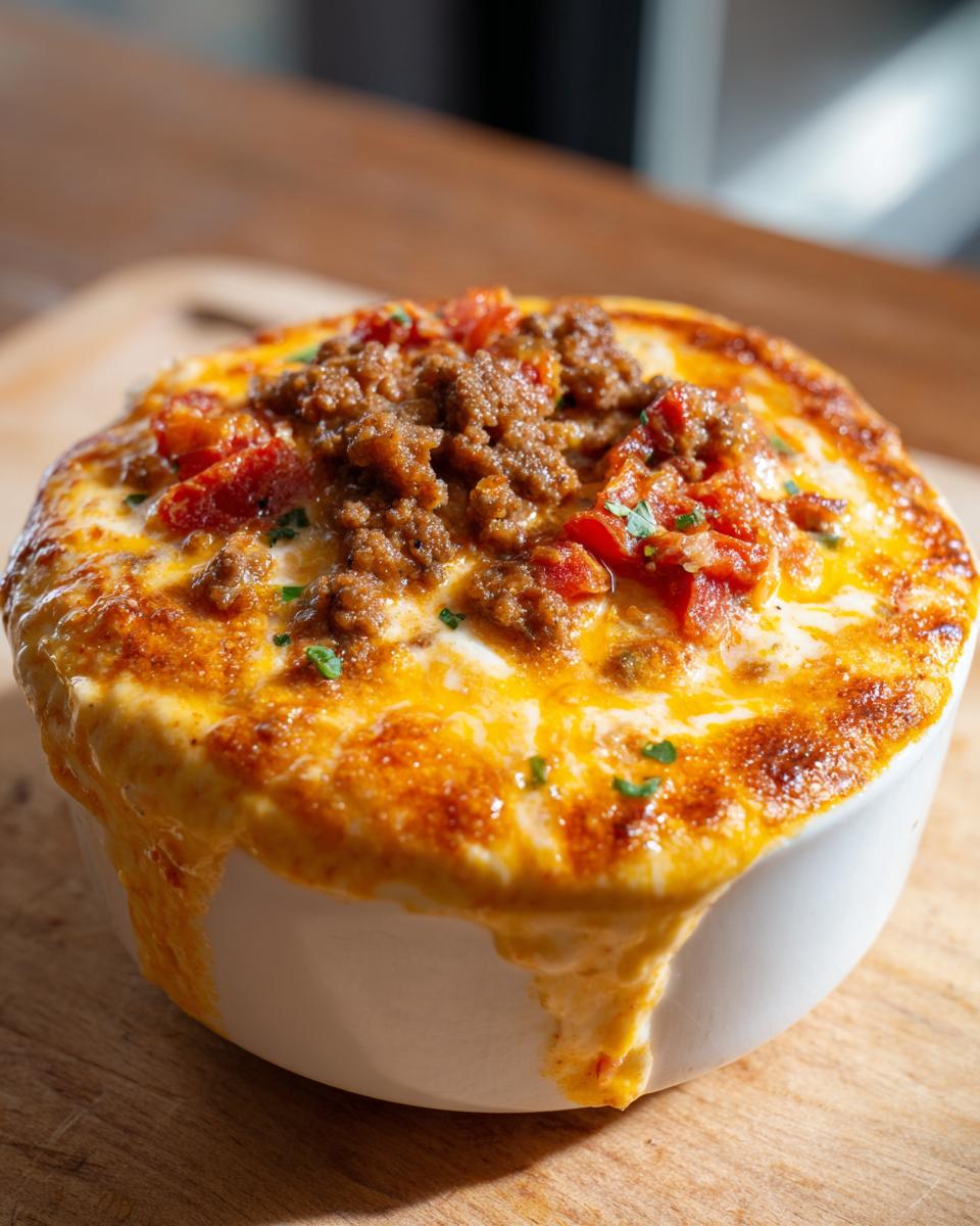 Close-up of a bubbling, baked rotel dip topped with seasoned ground meat and tomatoes, overflowing slightly from a white bowl.