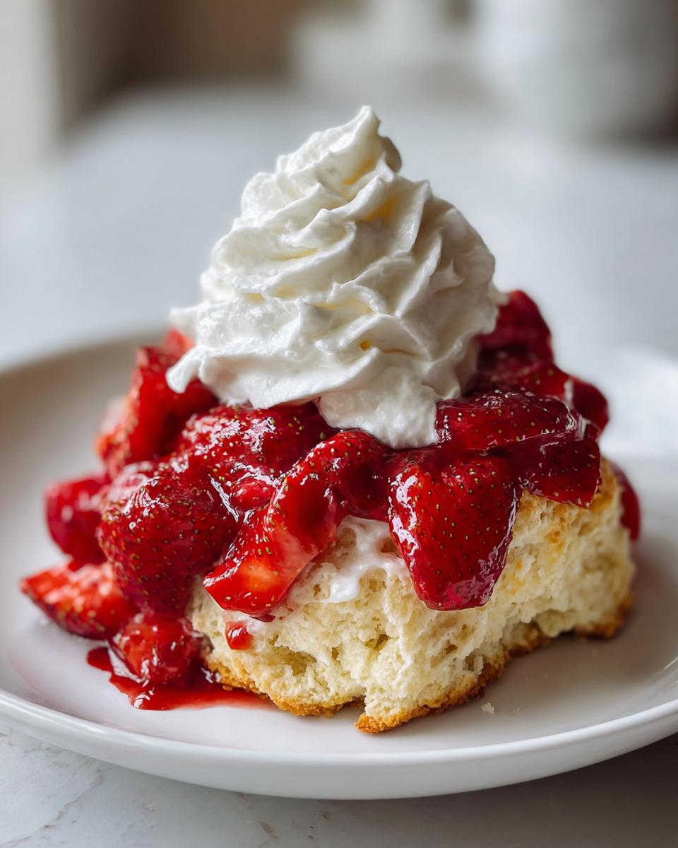 A fluffy biscuit base topped with macerated strawberries and a swirl of whipped cream, making a delicious shortcake.