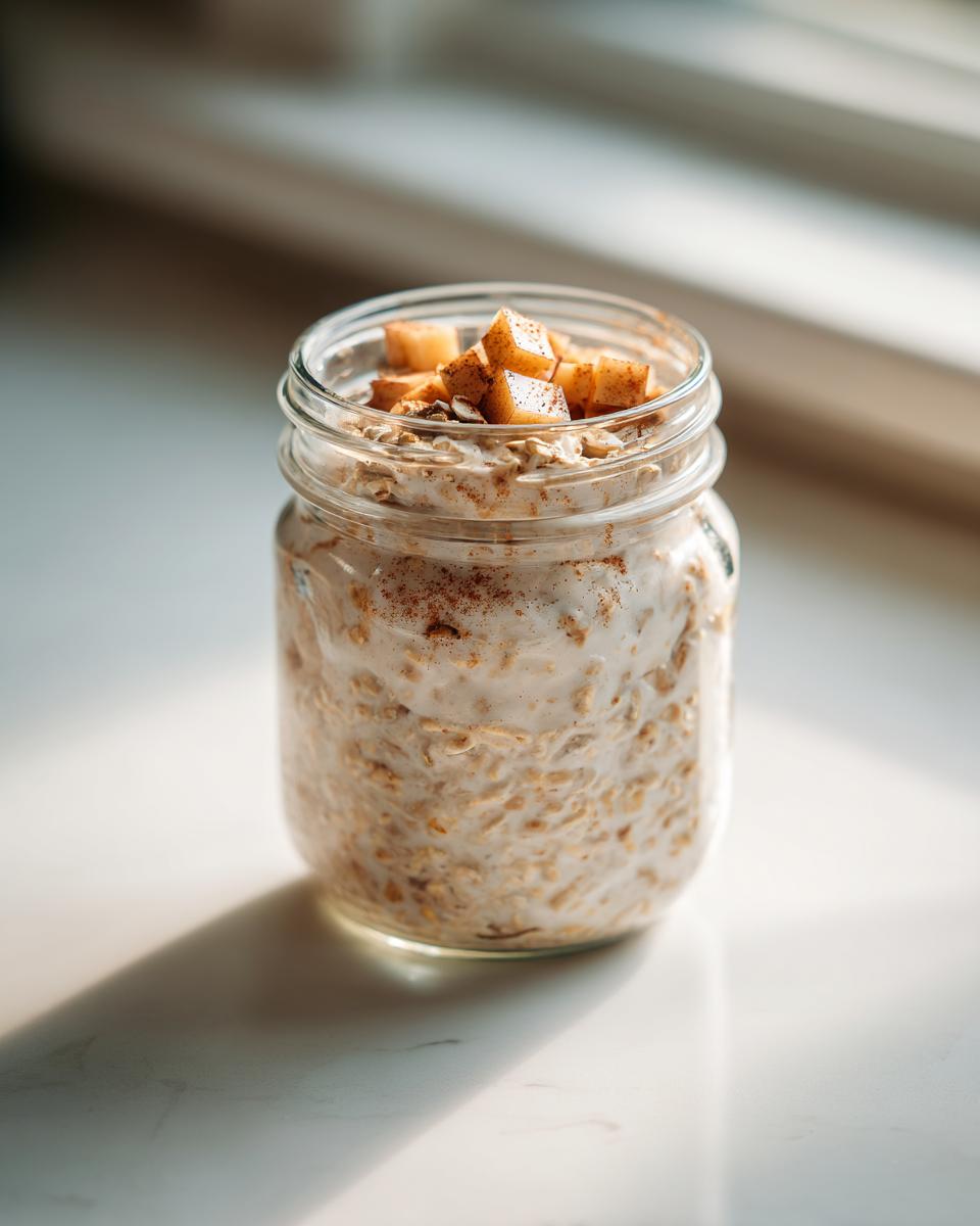 A glass jar filled with creamy apple cinnamon overnight oats, topped with diced apples and cinnamon.