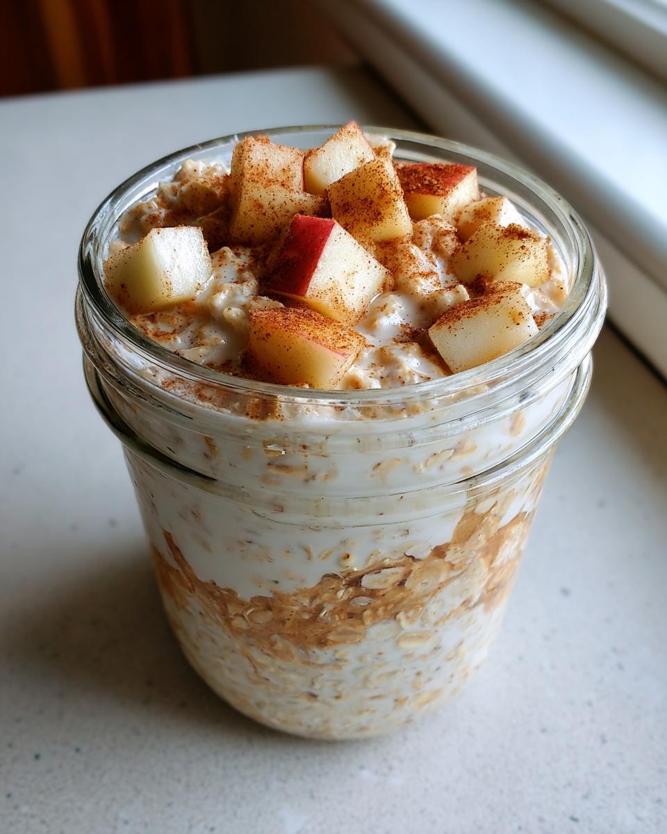 Close-up of apple cinnamon overnight oats layered in a glass jar, topped with diced apples and cinnamon.